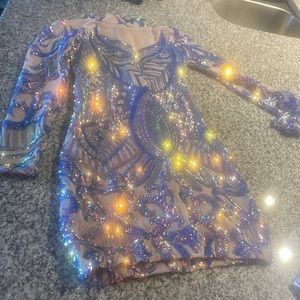 Custom made nude mesh Sequin mini dress. Gold back zipper custom made